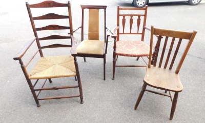 Four various chairs, comprising a Victorian beech carver chair, lath back kitchen chair, ladder back carver chair, and modern carver. (4)