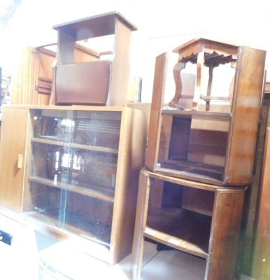 A group of furniture, being two oak occasional tables, small stool, glazed bookcase, magazine rack. (5)