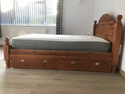 A pine double bedstead with drawers, pine dressing mirror, and a further boxed mirror. (3) - 2