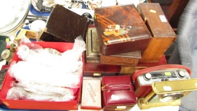 Wooden collector's boxes, painted lacquer jewellery box, silver plated cutlery, desk stand, etc. (a quantity)