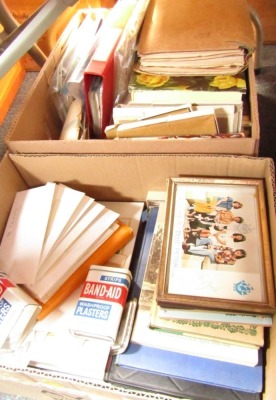 Ephemera and effects, Band Aid washproof plaster tin boxes, Blue Peter annuals and signed picture, postcards, guides, etc. (2 boxes)