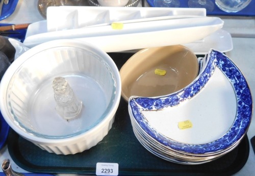 A group of eight crescent shaped dishes, blue and white with gilt edging, and other ceramics, including serving platters, bowls, etc. (1 tray)