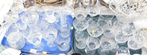 Glass ware, comprising a pressed glass trophy cup, drinking glasses, vase, etc. (2 trays)