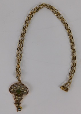 An Edwardian drop pendant, set with pearls, centred by a peridot in a floral surround with further drop green stone, attached to a 9ct gold belcher necklace, 48cm long, 10.7g all. - 2