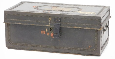 A 19thC studded green painted leather small trunk, with indistinct labels to the top, 27cm high, 62cm wide.