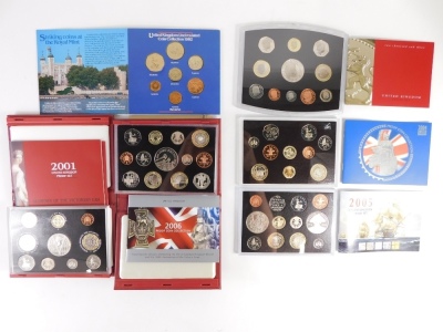 Various Royal Mint coin sets, United Kingdom proof collection 2002, 2016 annual coin set, another 2015, coins of Great Britain and Northern Ireland 1977, First Decimal Coin set, Great Britain and Northern Ireland set 1980, and two others 1981 and 1982. (