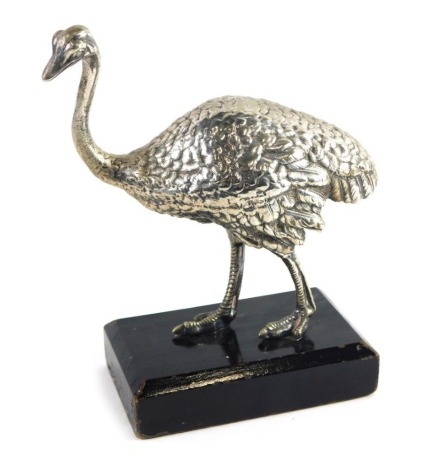 A 20thC silver plated figure of an ostrich, with textured feathers, on ebonised base, unmarked, 20cm high.