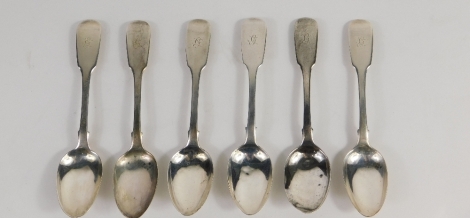 A set of five Victorian Exeter silver teaspoons, by Edward Ramsey, fiddle pattern, initialled, Exeter , 12cm long, 3.22oz. and another. (6)