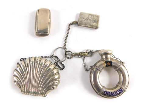 A silver plated chatelaine, envelope stamp box, dragon top ring shaped miniature decanter and coin purse, and a further snuff box, attached by chains, various dates and makers. (a quantity)