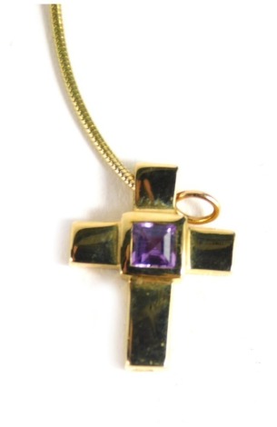 A small amethyst crucifix, marked 9k and a fine chain, 4.5cm high, 3g all in.