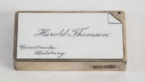 A Victorian silver Harold Thomson of Carisbrooke, Didsbury advertising vesta case, by Sampson Mordan & Co, of rectangular form with flush hinged lid, decorative body, London 1898, 6cm long, 1.4oz.