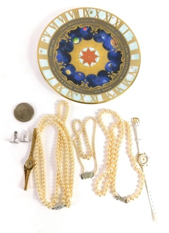 Various jewellery, a Citizen ladies wristwatch, with circular face 1.5cm diameter dial, on white bracelet, an Accurist stainless steel wristwatch, a pair of Emporio Armani plain cuff links, Royal Worcester millennium plate, partially boxed, commemorative 