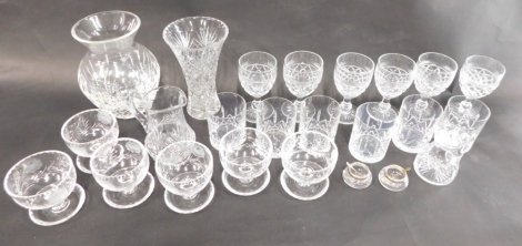 A collection of cut glass, to include two vases, set of six wine glasses, various makers.