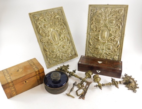 A Victorian walnut and parquetry banded work box, a rosewood and mother of pearl inlaid glove box, a pair of Victorian aesthetic brass wall plaques, a pair of piano candle arms, and an inkwell.