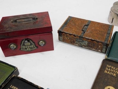 Various Trustee Savings Banks and money boxes, to include various towns and cities, Newcastle Upon Tyne in blue, 12cm high, various other money boxes, of book form, cash tins, money tins, etc. (a large quantity) - 9