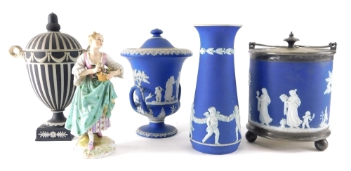 An early Wedgwood black and white Jasperware vase and cover, of Neo-classical design with satire mask head handles, raised garlands and black and white stripes and various Jasperware, early biscuit barrel with plated mounts, Neo-classical vase and cover,