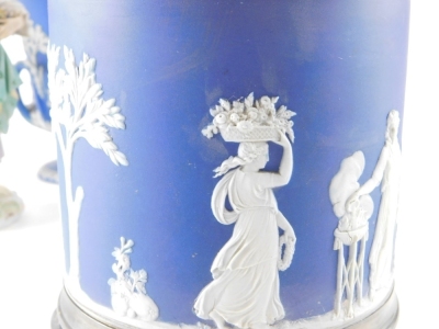 An early Wedgwood black and white Jasperware vase and cover, of Neo-classical design with satire mask head handles, raised garlands and black and white stripes and various Jasperware, early biscuit barrel with plated mounts, Neo-classical vase and cover, - 3