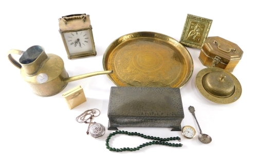 A collection of metalware, to include Indian box and cover, engraved brass tray , pewter cigarette box etc.