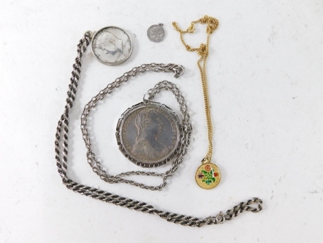 Various coins, Maria Theresa Thaler 1780 in silver mount and chain, various other mounted part enamel coins, some attached to rope twist chains, etc. (a quantity)