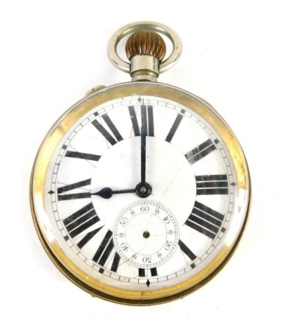 An early 20thC silver plated Goliath pocket watch, with 6cm diameter Roman numeric dial, in plain case.