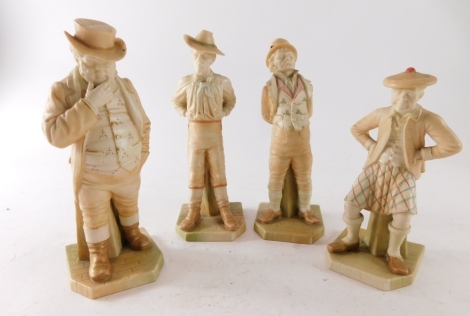 Four early 20thC Royal Worcester blush ivory figures, the first gentleman in hat, 18cm high, another figure in a kilt, another of gentleman in finery, pink, marked beneath, some numbered A921, etc. (4)