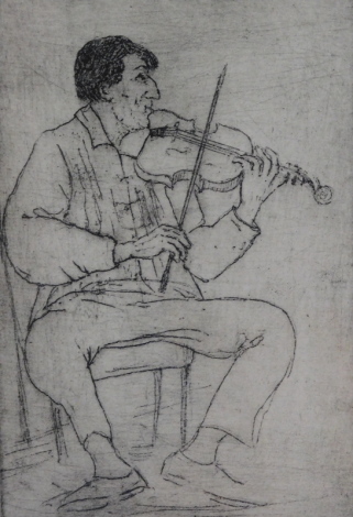 •Leslie Duxbury (1921-2001).Violinist Levon Chilingirian, artist signed proof etching, 15cm x 10cm. Duxbury was part of the Kitchen Sink School.