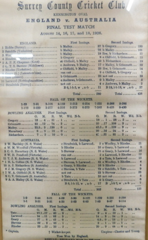 A 1926 Surrey County Cricket Club silk cricket score card, England Vs Australia final test match, showing the scores for both teams, silk work, 23cm x 14cm.