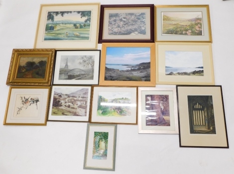 Various watercolours, etchings, engravings, landscapes, church interior engraving, various others, church door, watercolour, 26cm x 12cm, 19thC oil, bird print, etc. (a quantity)