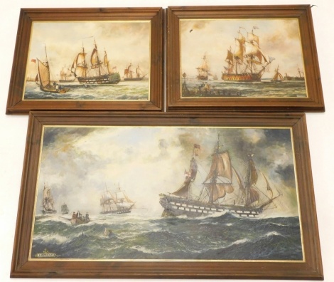 A Kennedy (20thC). Ships on rough waters, figure in the sea being rescued, oil on canvas, signed, 60cm x 113cm and others by the same hand. (a quantity)