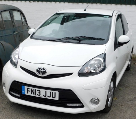 A Toyota Aygo, registration FN13 JJU, petrol, white, first registered 30th March 2013, MOT expired 29th March 2020. To be sold upon the instructions of the Executors of Mrs D Holden (Dec'd).