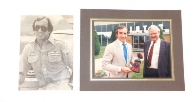 A signed photograph of Jackie Stewart, and a photograph of Jackie Stewart receiving an award from Tony Rudd at Lotus.