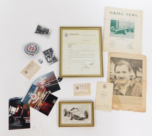 Graham Hill and BRM interest, including a letter from Graham Hill to the Young Master Adrian Barnard in 1963 with the mentioned signed photograph referenced in the letter, both framed, photograph of Master Barnard with the transporter of the day and later