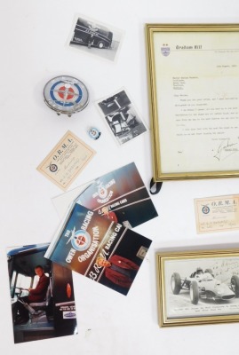 Graham Hill and BRM interest, including a letter from Graham Hill to the Young Master Adrian Barnard in 1963 with the mentioned signed photograph referenced in the letter, both framed, photograph of Master Barnard with the transporter of the day and later - 2