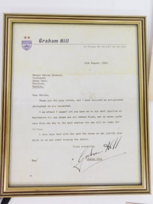 Graham Hill and BRM interest, including a letter from Graham Hill to the Young Master Adrian Barnard in 1963 with the mentioned signed photograph referenced in the letter, both framed, photograph of Master Barnard with the transporter of the day and later - 3