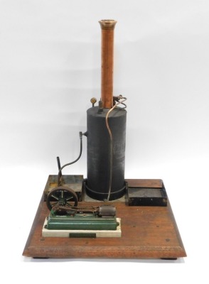 A Stuart steam engine, with boiler, on a wooden base, 40cm high, the base 44cm x 44cm. - 2