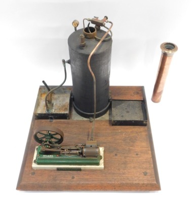 A Stuart steam engine, with boiler, on a wooden base, 40cm high, the base 44cm x 44cm. - 3