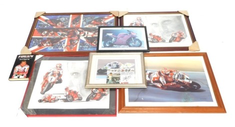 A group of Motor Racing prints, comprising James Toseland World Superbike Championship 2007 print, Ducati 916SP print, two Sporting Legends Carl Fogerty by Stuart McIntyre, King Carl by Derek Mark, and a British Championship print and a Carl Fogerty Foggy