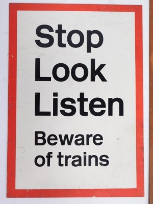 Two railway related signs, to include a metal Stop Look Listen And Beware Of Trains sign, 61cm x 40cm, and a print of the Silver Jubilee LNER railway sign on later mounted board, 76cm x 52cm, and two after Cuneo Mallard and Evening Star railway prints. (4 - 2