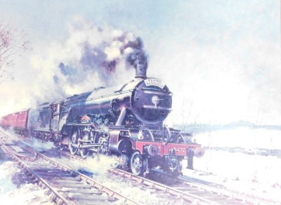 Terence Cuneo (1907-1996). The Flying Scotsman, print on canvas in elaborate gilt frame, 77cm x 101cm.