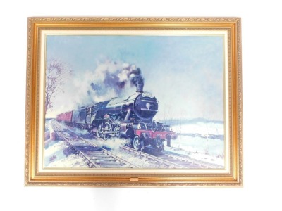 Terence Cuneo (1907-1996). The Flying Scotsman, print on canvas in elaborate gilt frame, 77cm x 101cm. - 2