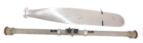 A WWII Carl Zeiss Jena artillery range finder, labelled Lattenabstand 1650cm, serial number 145663, and a aeroplane propeller, 135cm and 110cm long. (2)