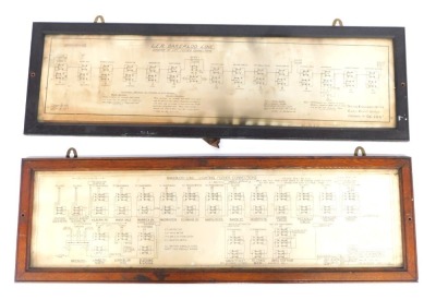 Two London Underground maps, for the Bakerloo Lighting Feeder Connections, and the LER Bakerloo Line Diagram of Lift Feeder Connections, each in oak frame, 94cm x 24cm. (2)