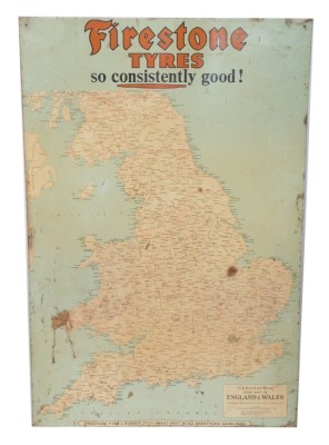 A Firestone Tyres road map sign, of England and Wales, 86.5cm x 55cm.