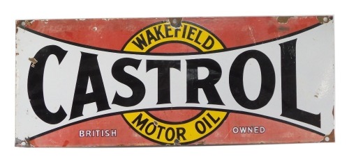 A Wakefield Castrol Motor Oil enamel sign, on a red ground with white and yellow banding, 31cm x 76cm.