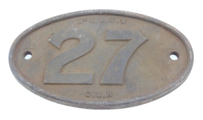 A GNR Railway sign, oval inscribed NSK and HW 27 GNR, 36cm x 18cm.