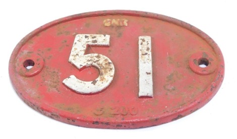 A cast iron railway sign, numbered 51, on a red ground and painted in white, 33cm x 17cm.