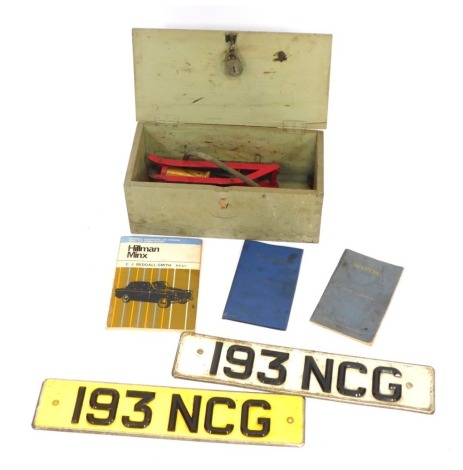 A group of automobilia, comprising a wooden trunk, two vintage number plates for 193 NCG, a foot pump, Pearsons Illustrated Car Servicing series for owner/drivers for the Hillman Minx, and two Specta Owners Handbooks. (a quantity)