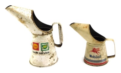 Two motor oil cans, comprising a large Shell BP farm service oil can and a motor oil can, 26cm and 18cm high. (2)