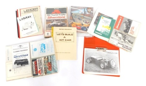 Automobile books and magazines, comprising RAC Touring Trophy for Silverstone 1977 programme, Mallory Park and Silverstone 1971 1972, A Oulton Park 1971 programme, Thruxton Race Meeting 1971, Silverstone Race Day magazine, Mallory Park 1972, and others, a