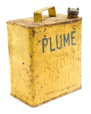 A Plume Motor Spirit can, in yellow with attachment, 31cm high, 23cm wide, 15cm deep.